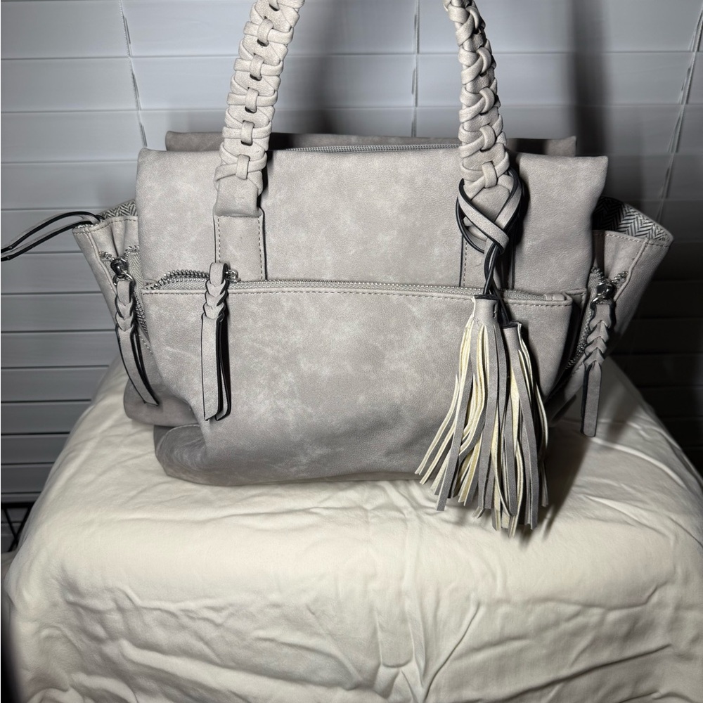 Chic Gray Shoulder Bag with Braided Handles
